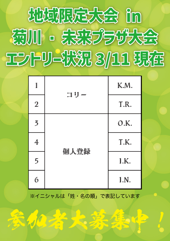 http://『地域限定大会%20in%20菊川・未来プラザ大会』＆『菊川・未来プラザ大会』　～エントリー状況②～